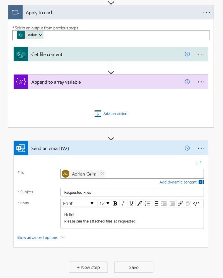 Power Automate - Get attachments in SharePoint library and send to email